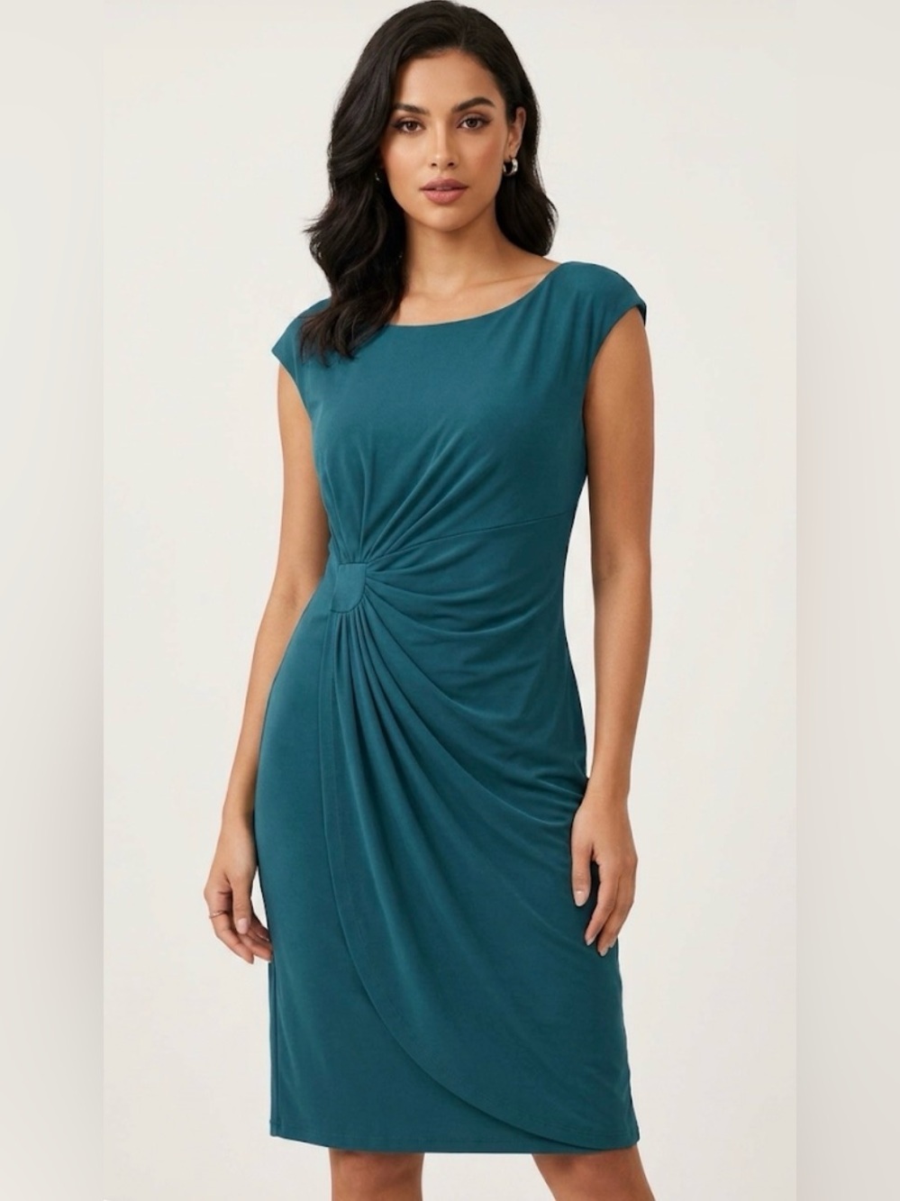 connected apparel -  Ruched Knot, Capped Sleeve Midi Dress -  Dark Teal -Sz 12